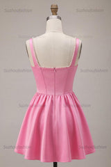 Suzhoufashion Pink Satin A-Line Corset Beaded Short Homecoming Dress