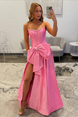 Suzhoufashion Pink Satin Corset Prom Dress With Neckline Pearl Trim & Oversized Bow Formal Evening Gown