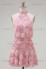 Suzhoufashion Pink Sequin Floral A-Line Short Homecoming Dress with Ruffles