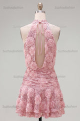 Suzhoufashion Pink Sequin Floral A-Line Short Homecoming Dress with Ruffles