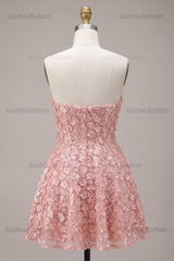 Suzhoufashion Pink Sequins Floral Strapless A Line Short Homecoming Dress