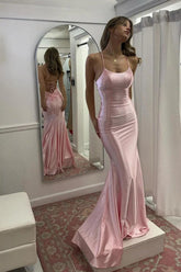 Suzhoufashion Pink Spaghetti Strap Satin Mermaid Prom Dress With Lace-Up Back Formal Evening Gown