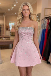 Suzhoufashion Pink Strapless A-Line Short Homecoming Dress with Rhinestones