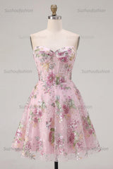 Suzhoufashion Pink Strapless Floral Beaded A-Line Corset Short Homecoming Dress