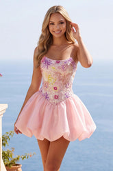 Suzhoufashion Pink Strapless Floral Beaded A-Line Short Homecoming Dress