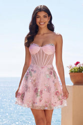 Suzhoufashion Pink Strapless Floral Beaded Corset A-Line Short Homecoming Dress