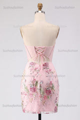Suzhoufashion Pink Strapless Floral Beaded Corset Tight Short Homecoming Dress
