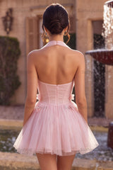 Suzhoufashion Pink Tulle A-Line Halter Short Homecoming Dress with 3D Flowers