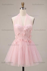Suzhoufashion Pink Tulle A-Line Halter Short Homecoming Dress with 3D Flowers