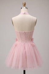 Suzhoufashion Pink Tulle A-Line Halter Short Homecoming Dress with 3D Flowers
