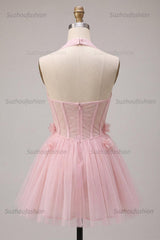Suzhoufashion Pink Tulle A-Line Halter Short Homecoming Dress with 3D Flowers