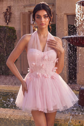 Suzhoufashion Pink Tulle A-Line Halter Short Homecoming Dress with 3D Flowers