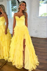 Suzhoufashion Pretty Sweetheart A-Line Satin Top Long Layered Chiffon Prom Dress With Slit Formal Evening Gown