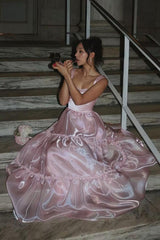Suzhoufashion Princess A Line Spaghetti Straps Pink Long Prom Dress With Lace Ruffles Formal Evening Gown