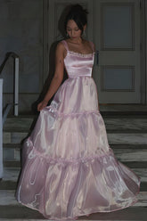 Suzhoufashion Princess A Line Spaghetti Straps Pink Long Prom Dress With Lace Ruffles Formal Evening Gown
