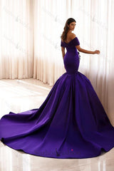 Suzhoufashion Purple Off The Shoulder Formal Dress Satin Mermaid Prom Dress with Rhinestones