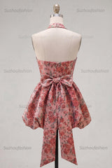 Suzhoufashion Red Floral Jacquard Halter A-Line Short Homecoming Dress with Bow