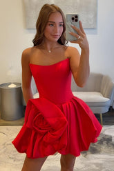 Suzhoufashion Red Floral Strapless Satin A-Line Corset Short Homecoming Dress