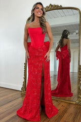 Suzhoufashion Red Lace Formal Gown With Structured Corset Bodice And Statement Bow Formal Evening Gown