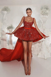 Suzhoufashion Red Lace Straps Homecoming Dresses Short Glitter Sleeveless Cocktail Dresses