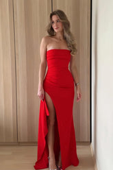 Suzhoufashion Red Strapless Ruched Strapless Long Mermaid Prom Dress With High Slit Formal Evening Gown