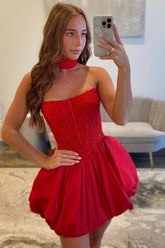Suzhoufashion Red Strapless Satin A-Line Corset Short Homecoming Dress with Appliques