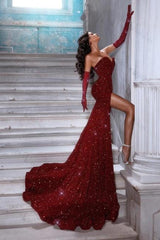 Suzhoufashion Red Sweetheart Prom Dress Sleeveless Sequined Mermaid Formal Dress With Slit