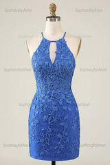 Suzhoufashion Royal Blue Lace Appliqué Beaded Halter Tight Short Homecoming Dress
