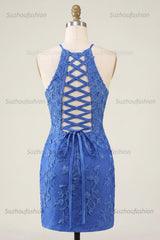 Suzhoufashion Royal Blue Lace Appliqué Beaded Halter Tight Short Homecoming Dress