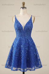 Suzhoufashion Royal Blue Lace Appliqué Beaded V-Neck A-Line Short Homecoming Dress