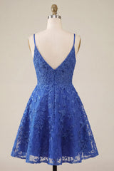 Suzhoufashion Royal Blue Lace Appliqué Beaded V-Neck A-Line Short Homecoming Dress