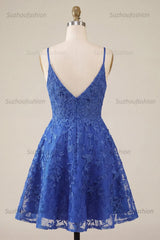 Suzhoufashion Royal Blue Lace Appliqué Beaded V-Neck A-Line Short Homecoming Dress