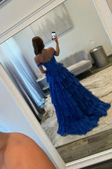 Suzhoufashion Royal Blue Off Shoulder Sweetheart Prom Dress With Beaded Illusion Bodice And Layered Ruffle Slit Skirt Formal Evening Gown