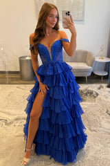 Suzhoufashion Royal Blue Off Shoulder Sweetheart Prom Dress With Beaded Illusion Bodice And Layered Ruffle Slit Skirt Formal Evening Gown