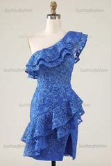 Suzhoufashion Royal Blue One-Shoulder Lace Beaded Ruffled Tight Short Homecoming Dress