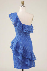 Suzhoufashion Royal Blue One-Shoulder Lace Beaded Ruffled Tight Short Homecoming Dress