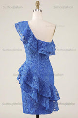 Suzhoufashion Royal Blue One-Shoulder Lace Beaded Ruffled Tight Short Homecoming Dress