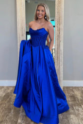 Suzhoufashion Royal Blue Satin Gown With Strapless Glitter Bodice A-Line Silhouette Prom Dress Formal Evening Gown