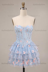 Suzhoufashion Ruffled Beaded Light Blue Corset Floral Tiered Short Homecoming Dress