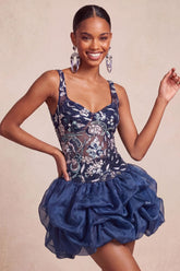Suzhoufashion Ruffled Beaded Navy Bubble A Line Floral Mini Homecoming Dress