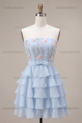 Suzhoufashion Ruffled Sky Blue Floral Tiered A Line Short Homecoming Dress with Bow
