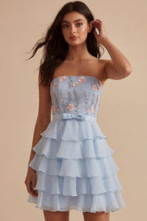 Suzhoufashion Ruffled Sky Blue Floral Tiered A Line Short Homecoming Dress with Bow
