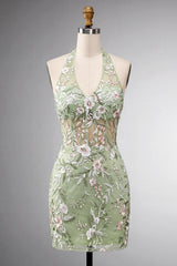 Suzhoufashion Sage Green Floral Halter Corset Tight Short Homecoming Dress