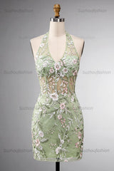 Suzhoufashion Sage Green Floral Halter Corset Tight Short Homecoming Dress