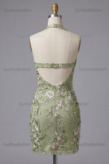 Suzhoufashion Sage Green Floral Halter Corset Tight Short Homecoming Dress
