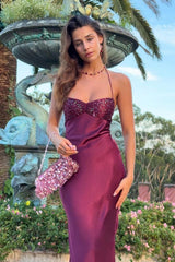 Suzhoufashion Satin Halter Neck Lace Up Long Prom Party Dress With Sequin Formal Evening Gown