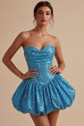 Suzhoufashion Sequin Blue A Line Strapless Bubble Short Homecoming Dress