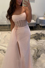 Suzhoufashion Sequins Floral Mermaid Prom Dress Corset Light Pink Long Formal Dress With Side Cape