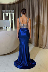 Suzhoufashion Sheath Royal Blue Straps Slit Front Square Sleeveless Jewelry Ruffles Long Satin Prom Dresses with Beadings