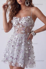Suzhoufashion Silver Floral Spaghetti Straps Beaded A-Line Corset Short Homecoming Dress